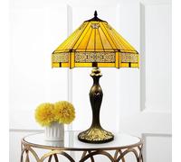 Auroh Tiffany Table lamp, 16 inch Amber Mission Geometric Stained Glass | Hand-cut leaded glass shade, 61cm tall, weighted resin base, two E27 bulbs up to 40W not included, toggle switch