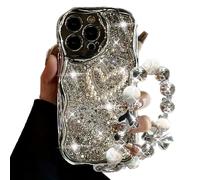 AuroiCCY for iPhone 15 Pro Max Case with Beaded Marble Wrist Strap Super Sparkly Phone Case with Silvery Foil Glitter Rhinestone Pearl Cute Love Heart Girly Women Phone Case for iPhone 15 Pro Max