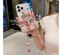 AuroiCCY for iPhone Pro Max Bling Diamond Butterfly Case with Flower Strap Wrist Lanyard,3D Cute Glitter Sparkle Crystal Rhinestone Pearl Rose Wristband Bracelet Cover for Women Girls 6.9",Pink