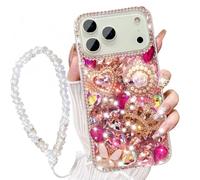 AuroiCCY for iPhone Pro Max Bling Diamond Case, Cute 3D Luxury Sparkle Glitter Crystal Rhinestone Butterfly Flower Charm Case Cover with Wrist Strap Lanyard for Girls Women 6.9",Hot Pink