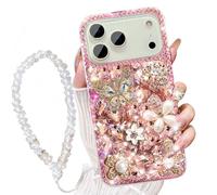 AuroiCCY for iPhone Pro Max Bling Diamond Case, Cute 3D Luxury Sparkle Glitter Crystal Rhinestone Butterfly Flower Charm Case Cover with Wrist Strap Lanyard for Girls Women 6.9",Pink