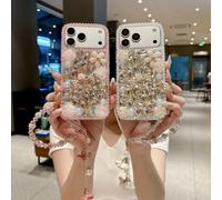 AuroiCCY for iPhone Pro Max Bling Diamond Case with Flower Strap, 3D Handmade Luxury Sparkle Glitter Crystal Rhinestone Pearl Butterfly Love Rose Wristband Bracelet Case Cover 6.9",Silver