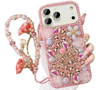 AuroiCCY for iPhone Pro Max Bling Diamond Case with Flower Strap, 3D Handmade Luxury Sparkle Glitter Crystal Rhinestone Pearl Butterfly Love Rose Wristband Bracelet Case Cover 6.9",Pink