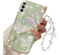 AuroiCCY for Samsung Galaxy A16 Case 3D Butterfly Floral Pearls Design wtih Hand Wrist Strap, Clear Cute Bling Glitter Sparkle Aesthetic Bracelet Phone Cover for Galaxy A16 (Clear)