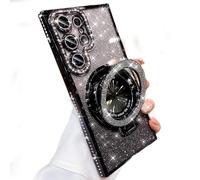 AuroiCCY Magnetic Glitter Case for Samsung Galaxy S25 Ultra, [Compatible with MagSafe] Kickstand Girly Woman Cute Bling Rhinestone Camera Lens Protector Ring Holder Phone Cover for S25 Ultra (Black)
