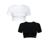 AUROLA Serpent Snake Seamless Workout T-Shirts for Women,Short Sleeve Crop Top Gym Yoga Athletic Shirts Tee, Pack(solid-black+crescent White), L