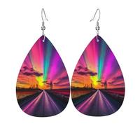 Aurora at the highway Women's Teardrop Leather Earrings - Lightweight PVC Dangle Earrings, 925 Silver Hooks, Double-Sided Prints | Hypoallergenic Gift