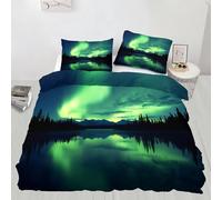 Aurora Borealis Bedding Green Forest Duvet Cover Set with 2 Pillow Shams 3 Piece Single Size Natural Wonders Bed Sets for Teens Kids Boys and Girls (200×200cm)