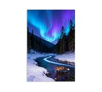Aurora Borealis Canvas Wall Art Blue Pine Forest Snow Fox Crossing the River Prints poster for Living Room Bedroom Home Decor Aurora Scenery Canvas Pictures Animals45x30cm(18x12in)Black Frame