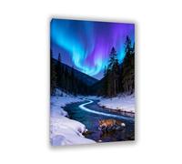 Aurora Borealis Canvas Wall Art Blue Pine Forest Snow Fox Crossing the River Prints poster for Living Room Bedroom Home Decor Aurora Scenery Canvas Pictures Animals75x50cm(30x20in)Inner Frame