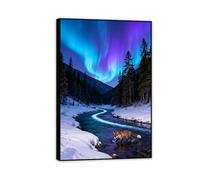 Aurora Borealis Canvas Wall Art Blue Pine Forest Snow Fox Crossing the River Prints poster for Living Room Bedroom Home Decor Aurora Scenery Canvas Pictures Animals60x40cm(24x16in)Inner Frame