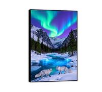 Aurora Borealis Canvas Wall Art Fox Playing in Snow Valley River Blue Prints poster for Living Room Bedroom Offices Home Decor Aurora Scenery Canvas Pictures Animals45x30cm(18x12in)Black Frame