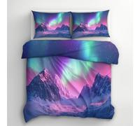 Aurora Borealis Duvet Cover Double Bedding Set, Northern Lights Pattern, Reversible Design Bedroom Decor Bed Quilt Cover with 2 Pillowcases, Microfiber, Zip - SMK6070