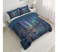 Aurora Borealis Enveloped Lake Coverless Duvet King 7.5 Tog, Reversible Washable Pine Forest Comforter with 2 Pillowcases, 240x220cm Lightweight and Warm Camping Sleepovers Travel Quilt Blue