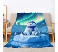 Aurora Borealis Flannel Blanket Polar Bear Throws for Sofas, Soft Cosy Plush Throw, Lightweight Fluffy Blanket for Bed, 3D Print Design Throw Adults Kids Bedroom Decor 80x90inch·A1362