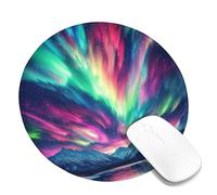 Aurora Borealis Landscape Mouse Pad, Colorful Night Sky with Mountains Stitched Edge Mousepad, Rubber Non-Slip Washable Gaming Mouse Pad for Home, Office, or Laptop Use Round 8x8 Inch