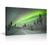 Aurora Borealis Over a Track Canvas Wall Art Winter Landscape Wall Art for Living Room Finnish Lapland Pictures for Bedroom Modern Decor Office Decorations Artwork Framed Ready to Hang, 12"Wx18"H