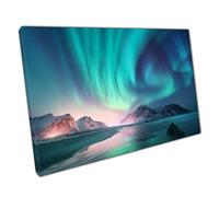 Aurora Borealis Over Sea And Mountains Norway Northern Lights Lofoten Islands Wall Art Print On Canvas Picture For Home Office Decor 76x51cm (30x20In)