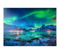 Aurora Borealis Over Sea Coast, Lights at Night. Northern Lights On Lofoten Islands, Norway - Premium 1000 Piece Jigsaw Puzzle for Adults