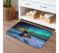 Aurora Borealis Reindeer Bath Mat, Winter Wonderland Nature Scene, Cozy Non Slip Bathroom Rug, Soft Memory Foam Washable Floor Mat for Holiday Decor 16x24 Inch