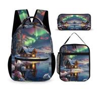 Aurora Cabin School Backpack 3 Piece Set for Boys Age 6, Chalet Print Book Pack School Supplies Bundle Year 5-7 for Young Learners Outdoor Learning Family Trips and Weekend Adventures