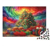 Aurora Christmas Tree Jigsaw Puzzles 1000 Piece Recycled Paper for Adults Festive Northern Lights Art Puzzle Hard Challenge Home Decoration Great Gift Idea 52x38cm/1000pcs