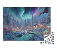 Aurora Forest Fantasy 1000 Piece Home Decor Puzzle for Adults Aurora Forest Stream Mushrooms Premium Thick Sturdy Vibrant Challenging Stress Relief 70x50cm/1000pcs