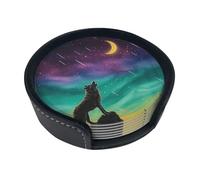 Aurora Howling Wolf Under Celestial Lights Leather Coaster Round Drink Coasters 6 Pcs Home Decor
