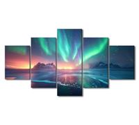 Aurora Landscape Wall Art Decor for Man Living Room Bedroom Wall Art Decor 5 Panel Coast Aurora Borealis Poster Prints on Canvas for Office Decoration Streched and Framed Ready to Hang 60x32 Inch