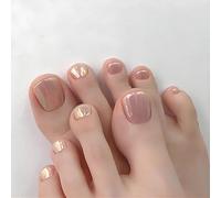 Aurora Nude-Pink Iridescent Short Square False Toenails - Glossy Pearl & Golden Holographic Press On French Tips for Professional Pedicure, Elegant Summer Manicure Design, Shiny Durable Application,