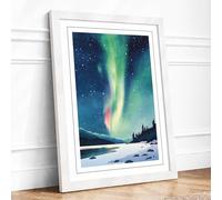 Aurora Over Frozen Lake Scandinavian Framed Wall Art Print A1 White