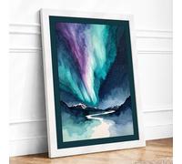 Aurora Over Mountains Scandinavian Framed Wall Art Print A2 (59.4×42cm) White, Wall Decor for Living Room, Bedroom, Office & Home, Ready to Hang, Art Gift