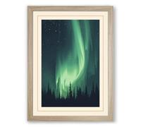 Aurora Over Silent Forest Scandinavian Framed Wall Art Print A4 (29.7×21cm) Oak, Wall Decor for Living Room, Bedroom, Office & Home, Ready to Hang, Art Gift