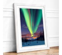 Aurora Over Silent Forest Scandinavian Framed Wall Art Print A4 (29.7×21cm) White, Wall Decor for Living Room, Bedroom, Office & Home, Ready to Hang, Art Gift