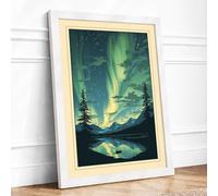 Aurora Over Silent Lake Vintage Framed Wall Art Print A3 (42×29.7cm) White, Wall Decor for Living Room, Bedroom, Office & Home, Ready to Hang, Art Gift