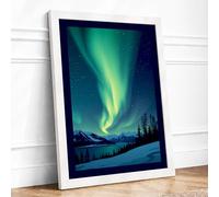 Aurora Over Silent Snow Scandinavian Framed Wall Art Print A2 (59.4×42cm) White, Wall Decor for Living Room, Bedroom, Office & Home, Ready to Hang, Art Gift