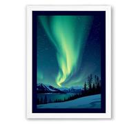Aurora Over Silent Snow Scandinavian Framed Wall Art Print A4 (29.7×21cm) White, Wall Decor for Living Room, Bedroom, Office & Home, Ready to Hang, Art Gift