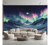 Aurora Photo Wallpaper, Snow Mountain Northern Lights Wallpaper Mural, 250x175cm Wall Paper for Bedroom Living Room, Non-Woven Wall Mural Room Decor EL&D65
