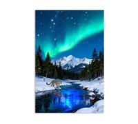 Aurora Print on Canvas Fierce Snow Leopard in the Starry Sky Wall Art for Living Room Bedroom Hallway Nordic Northern Lights Landscape Painting Wall Decorate45x30cm(18x12in) poster