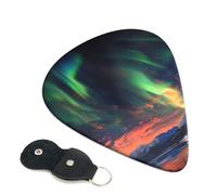 aurora Printed Guitar Picks, 6 Pack with Leather Keychain Pick Holder - 0.46mm, 0.71mm, 0.96mm Assorted Thickness for Acoustic Ukulele, Electric Guitar, Acoustic Guitar, Bass