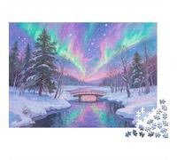 Aurora, Snow, Bridge And Flowing Water,Rätsel Für Erwachsene 1000pcs (75x50cm),Herausforderungsspiele Oil Painting Style