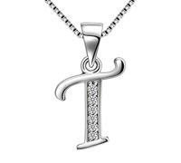 Aurora Tears 925 Sterling Silver Letter T Initial Alphabet White Gold Plated Pendant Necklace 18" DP0045T