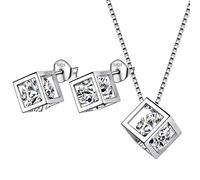 Aurora Tears April Birthstone Necklace Stud Earrings 925 Sterling Silver White CZ Square Birth Stone Jewellery Set Gifts for Women and Girls DX0028W