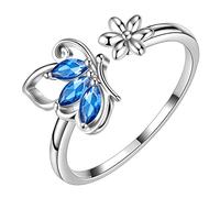 Aurora Tears Butterfly Adjustable Rings 925 Sterling Sliver September Birthstone Blue Sapphire Opening Ring Animals Jewelry Gift for Women and Girls DP0077S