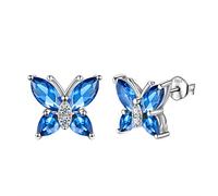 Aurora Tears Butterfly Earrings 925 Sterling Sliver September Birthstone Blue Sapphire Stud Animals Earrings Jewelry Gift for Women and Girls DE0160S