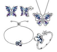 Aurora Tears Butterfly Necklace/Earrings/Rings/Bracelets Set 925 Sterling Sliver Mystic Rainbow Topaz Jewelry Set Animals Jewelry Gift for Women and Girls DS0070T