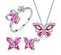 Aurora Tears Butterfly Necklace/Earrings/Rings Set 925 Sterling Sliver July Birthstone Red Ruby Jewelry Set Animals Jewelry Gift for Women and Girls DS0039R