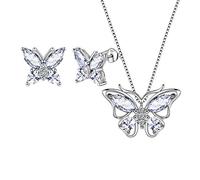 Aurora Tears Butterfly Necklace/Earrings Set 925 Sterling Sliver April Birthstone White CZ Jewelry Set Animals Jewelry Gift for Women and Girls DS0045W