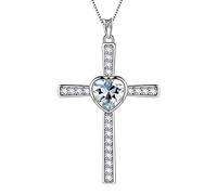 Aurora Tears Cross April Birthstone Necklaces Love Heart 925 Sterling Sliver Heart-shaped Birthstone Pendant Birth Stone Jewelry Gifts for Women and Men DP0269W