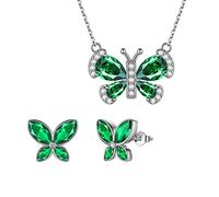 Aurora Tears Green Butterfly Jewellery Sets Women 925 Sterling Silver Animal Butterflies May Birthstone Emerald Necklace/Earring Set Crystal Wedding Birthday Jewelry DS0090G